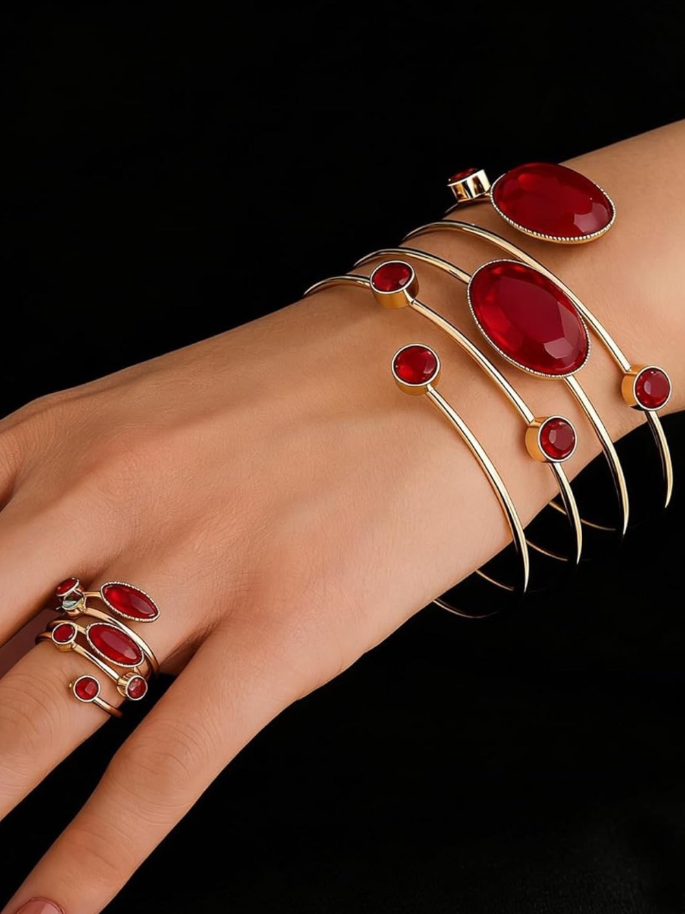 New Gold-Tone Spiral Cuff Bracelet with Red Cabochons
